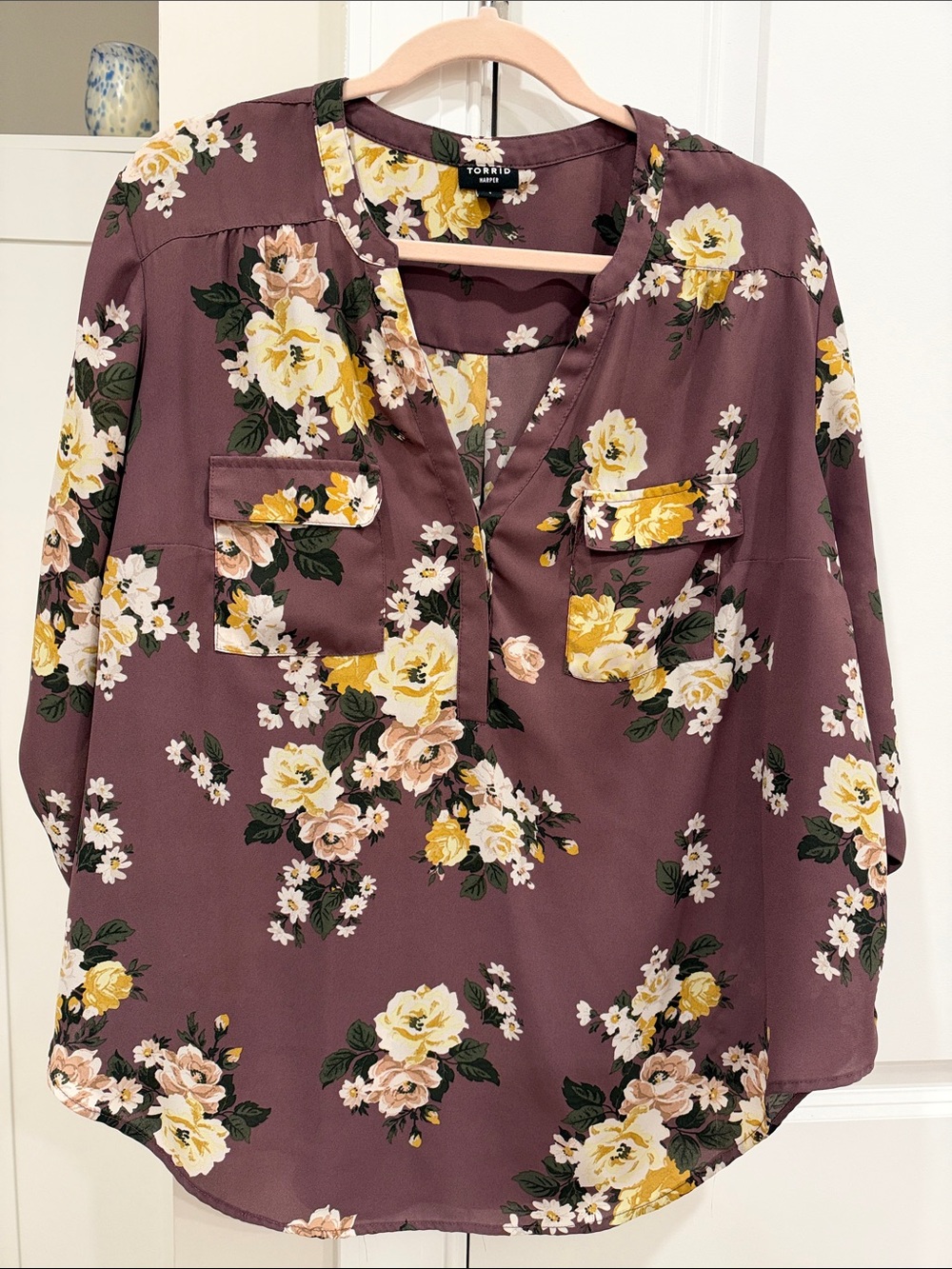 torrid Plum Floral Split-Neck Blouse with Yellow Blossoms